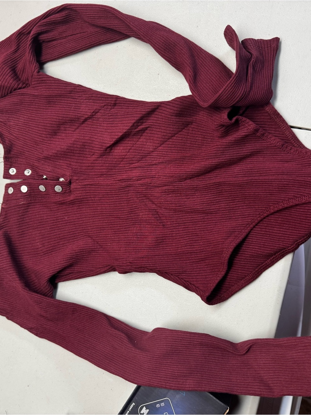 Shinestar Ribbed Button-Front Long-Sleeve Bodysuit - Burgundy